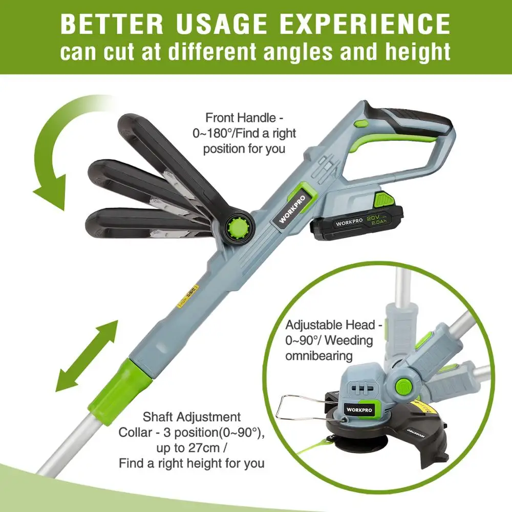 WORKPRO 20V 전기 잔디 깎는 기계 2000mAh 리튬 이온 무선 잔디 트리머 커터 가지 치기 잡초 덤불 정원 도구 20PC 블레이드