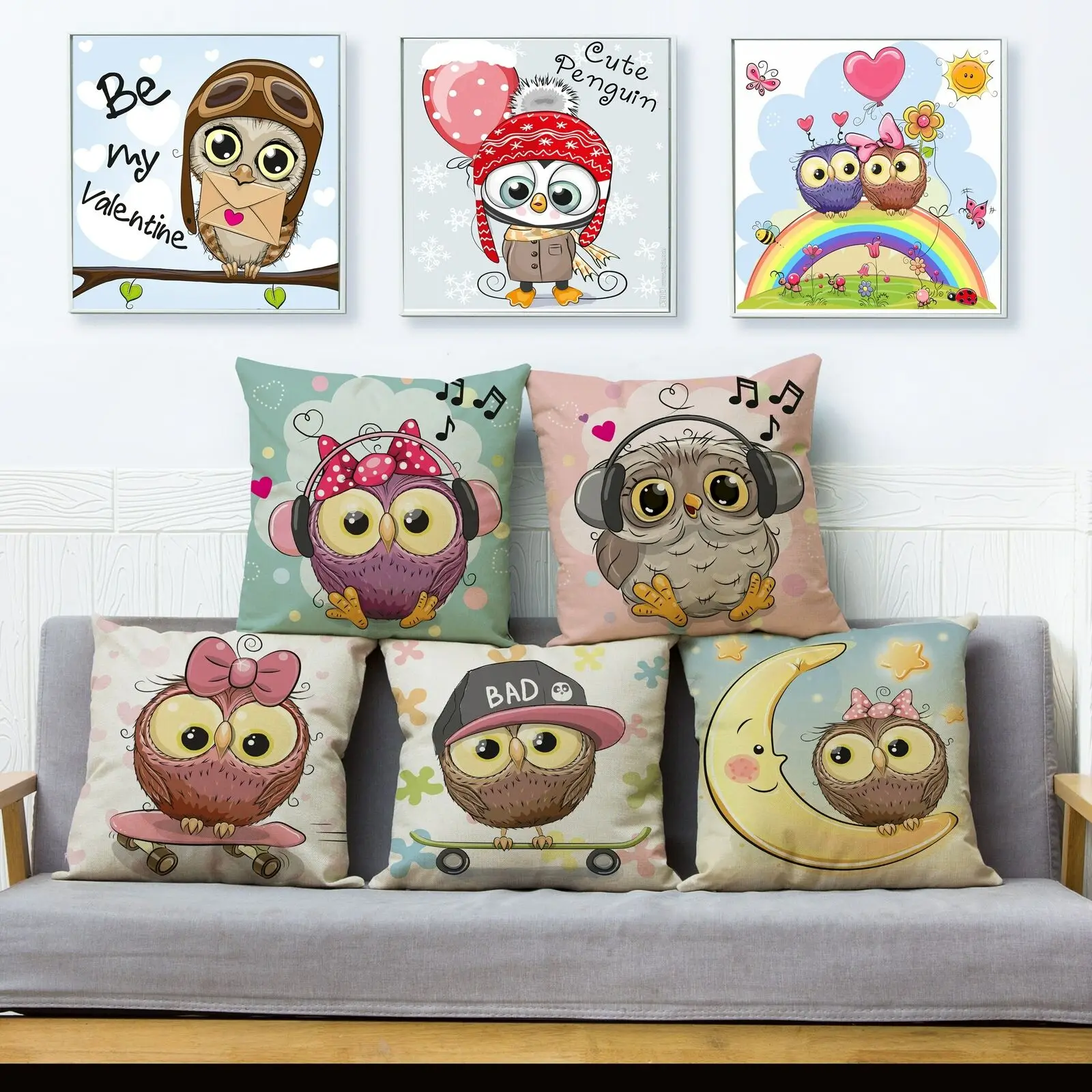 Cute Cartoon Cushion Cover Bird Owl Print Pillow Square Car Office Home Decor