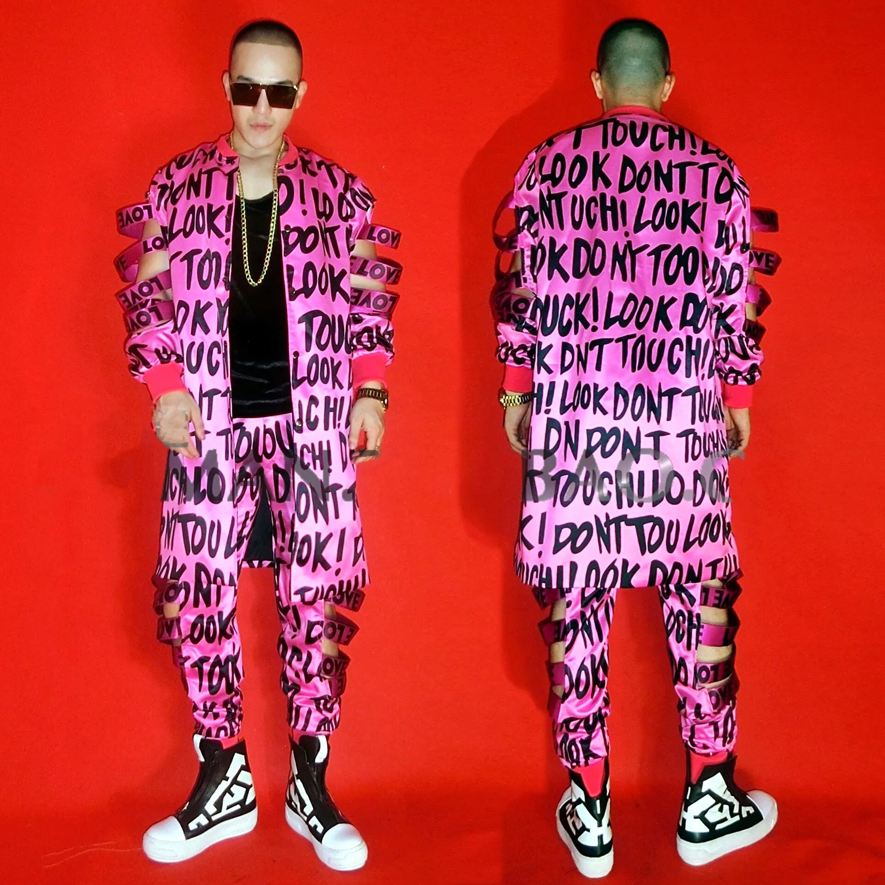 Nightclub Bar Male Singer DJ Hip Hop Rock Dance Costume Graffiti Hollow Out Letter Long Coat Pants 2 Pieces Set Concert Clothing