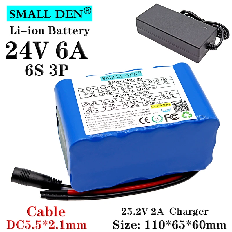 24v 6ah 18650 bateria de lítio + 25.2v 2a carregador 6s3p 350w 6000mah, bateria automotora elétrica com bms + carregador