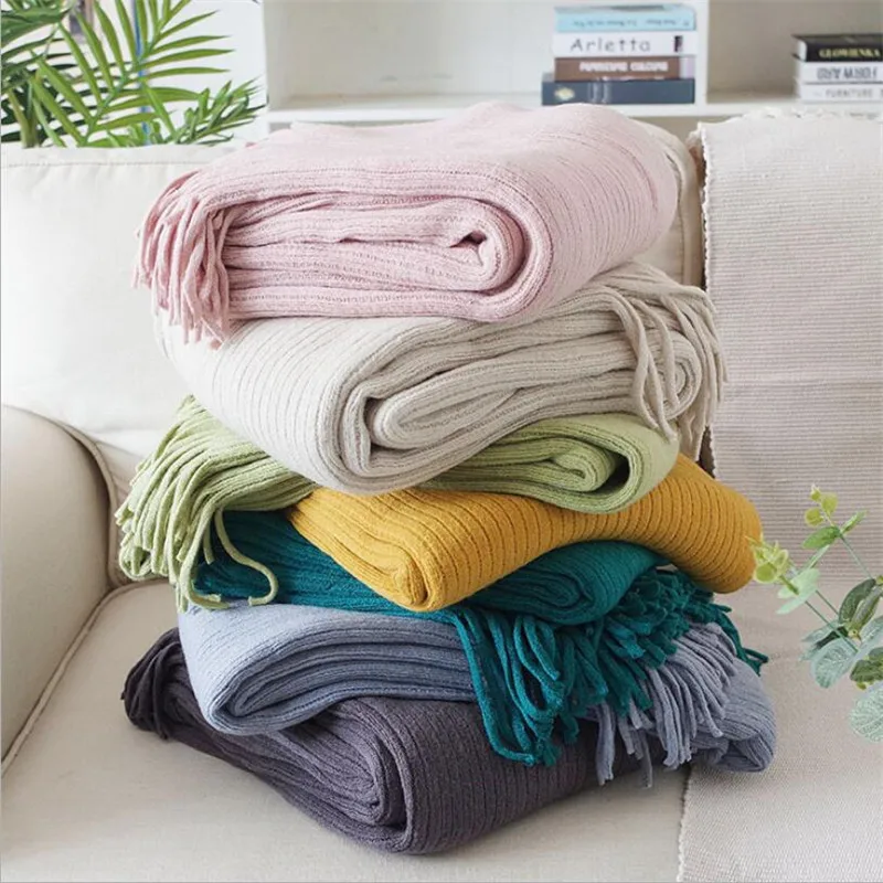 Solid Plain Throw Blanket Geometric Sofa Bed Knitted Covers Blanket With Tassel Multifunction Sofa Blankets Towel For Beds