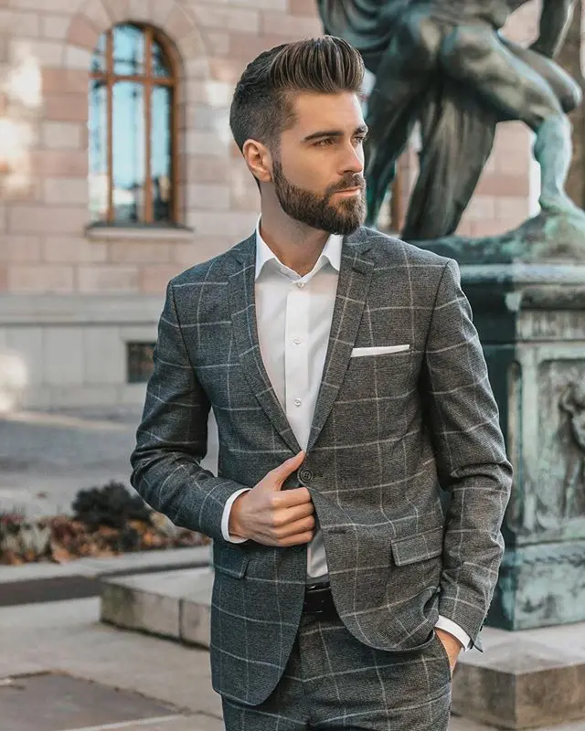 Costume gris pour marié, Tuxedos à revers crissé, Slim, Blazer à carreaux, veste deux pièces, pantalon sur mesure, 2020