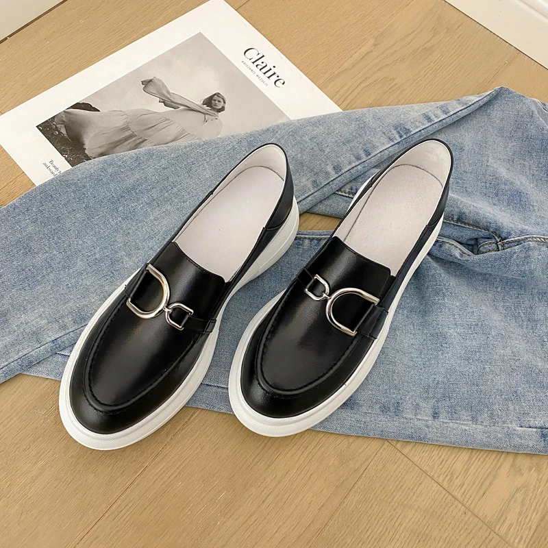 

MKKHOU Fashion Casual Loafers 2021 New Spring Genuine Leather Round Toe Metal Buckle Thick Bottom Increased Leather Shoes