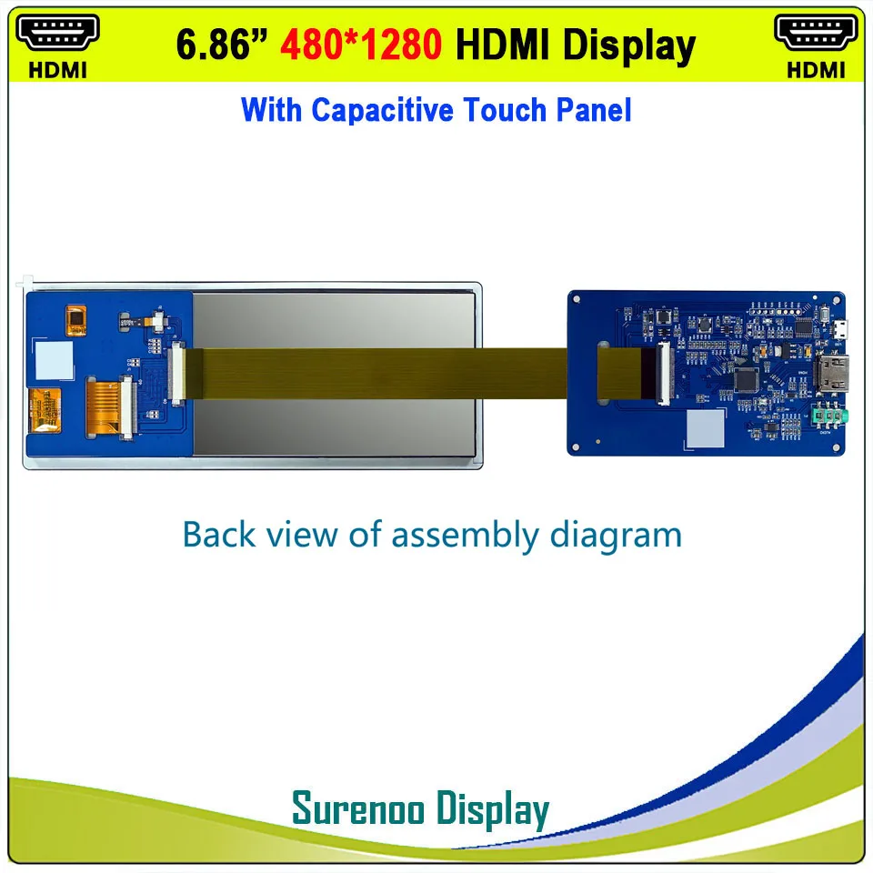 Tela de monitoramento com módulo lcd mipi ips, 6.86 polegadas, 480x1280, compatível com mipi, usb, painel de toque capacitivo