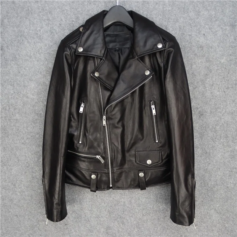 Women Classic Motorcycle Biker Genuine Leather Jacket Short Slim Fit Real Sheepskin Coat Female Spring Autumn Casual Punk Jacket