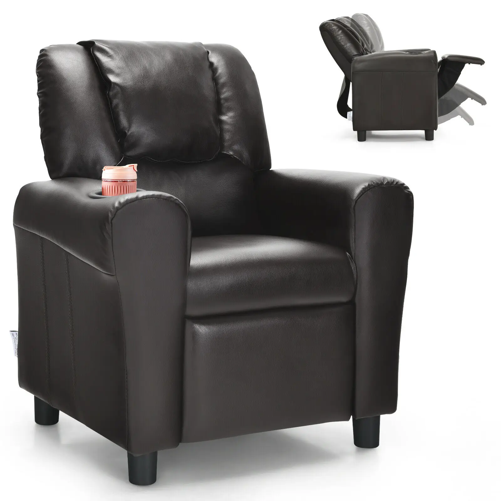 Honeyjoy – fauteuil inclinable en cuir PU pour enfants, accoudoir avec repose-pieds, support de tasse, marron, HW54210CF