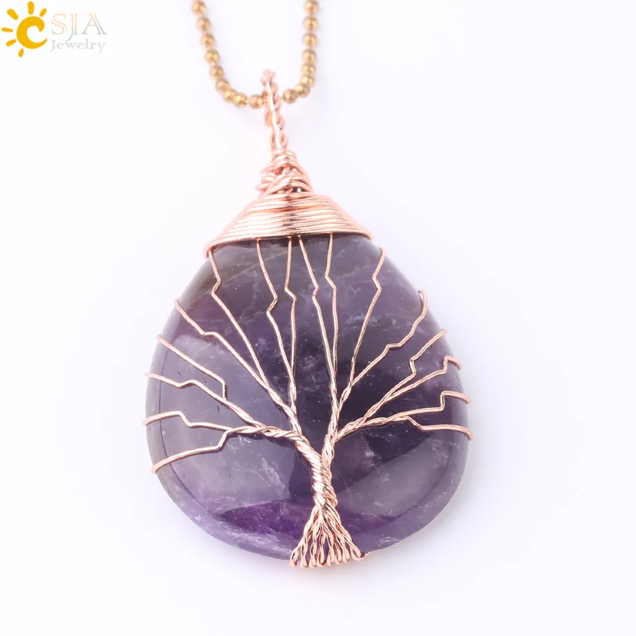 CSJA Tree of Life Water Drop Necklace & Pendants Rose Gold Color Wrap Wire Natural Gem Stone Purple Pink Quartz Opal Chakra E640