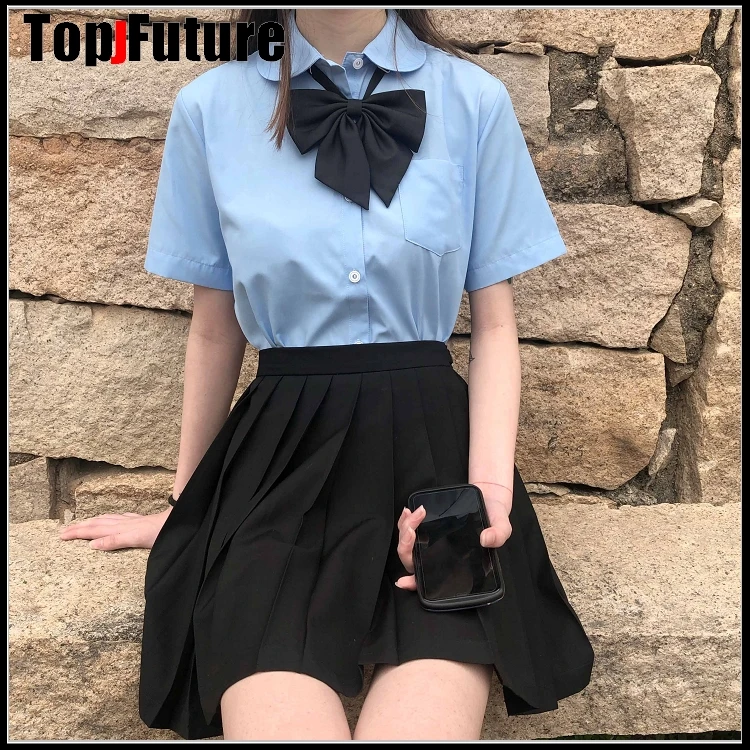 JK uniforms  female students summer work clothes sharp collar round neck work clothes BLOUSE shirt BLUE long short sleeve SHIRT