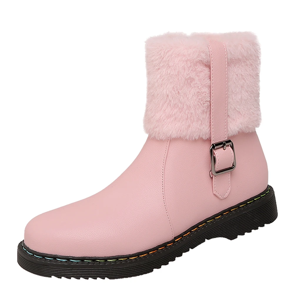 Round Toe Flat Heel Short Boots New Autumn And Winter Style Side Zipper Belt Buckle Ankle Boots Comfortable Fluffy Pink Shoes