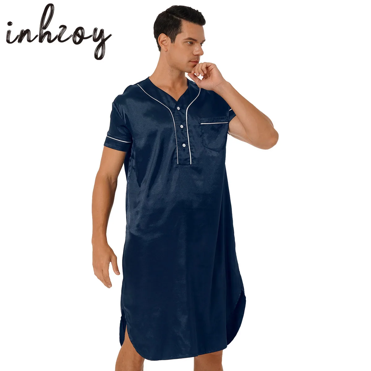 Sleepwear Mens Nightshirt Short Sleeve Pajamas Comfy Silk Satin Henley Sleep Shirt Pyjama Sleep Tops Nightwear