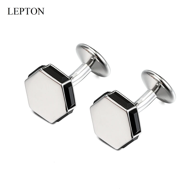 Low-key Luxury Black Crystal Cufflinks for Mens Classic Silver Color Hexagonal Cuff links Wedding Groom CuffLink Relojes Gemelos