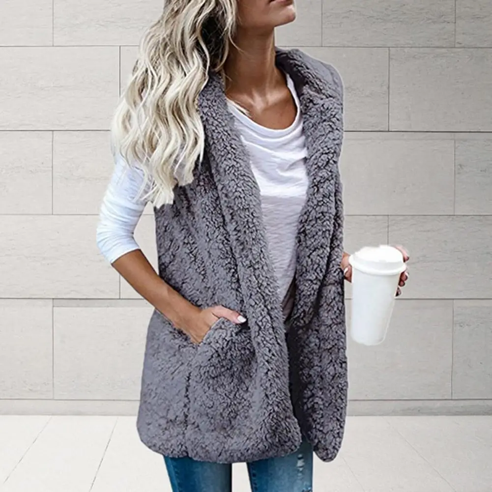 Women Vest Solid Color Pockets Autumn Winter Warm Double-sided Fluffy Pure Color Vest for Daily Wear