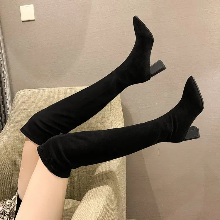 New Women\'s Top Resiliency Pu Leather Over The Knee Boots Slip on Thick High Heel Platform Thigh Boots Ladies Fashion Shoes
