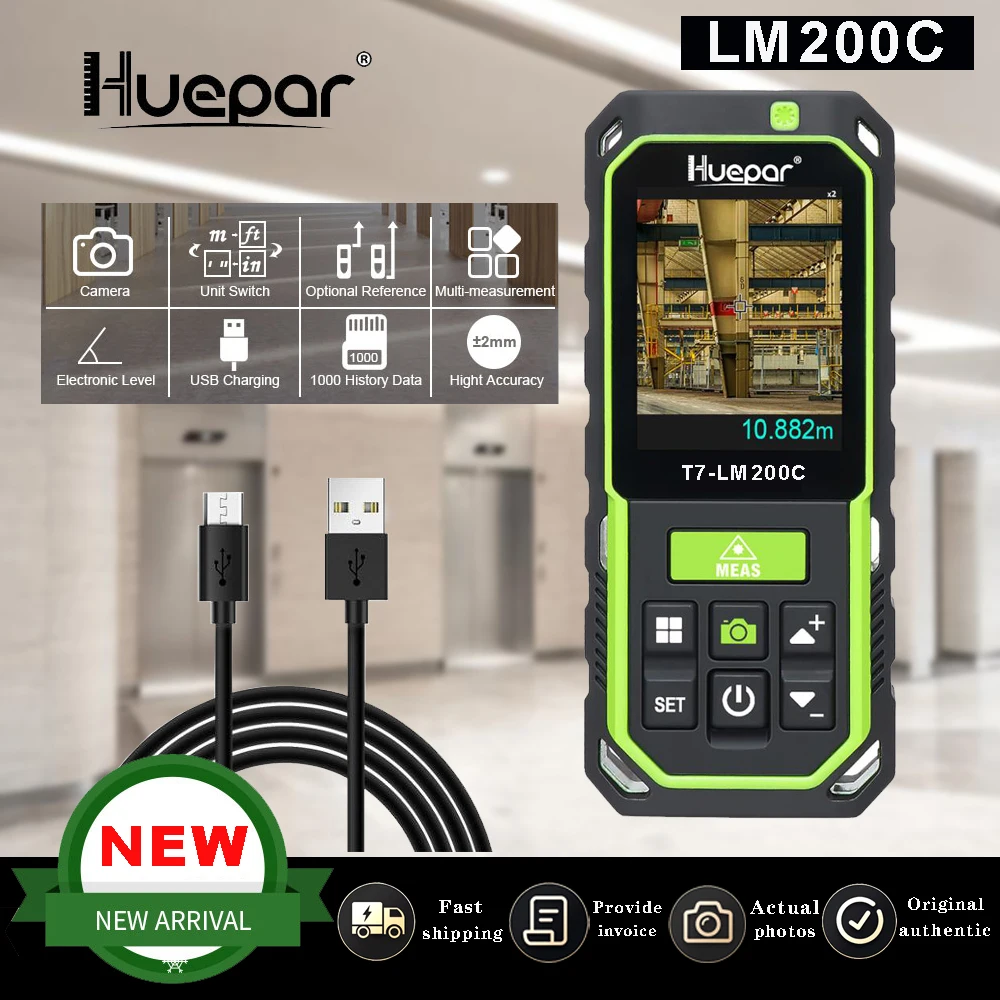 Huepar Laser Distance Meter with Camera 2X/4X Zoom 656Ft High Accuracy Rechargeable Laser Measure M/In/Ft with 17 Modes- LM200C