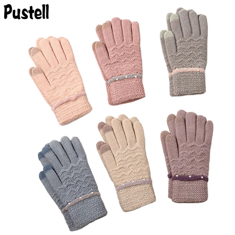 

Winter Gloves For Women Knitted Thick Touch Screen Gloves Female Five Fingers Wrist Mittens Pearl Decoration Ladies Warm Guantes