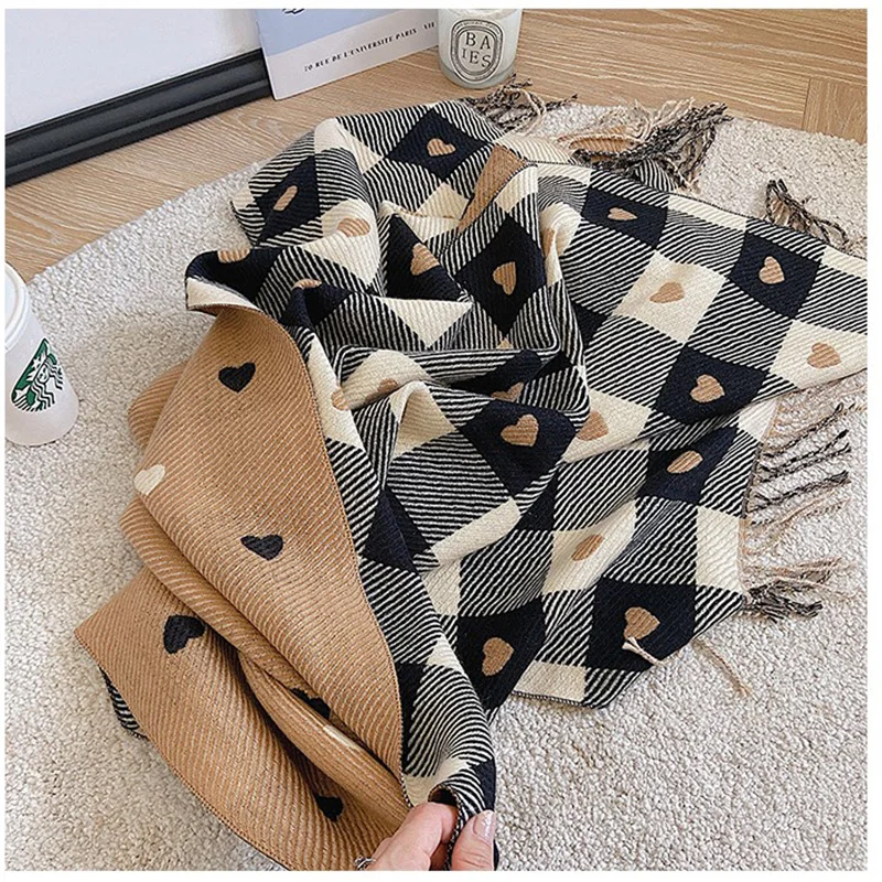 Fashion Winter Cashmere Scarf Women 2022Design Warm Pashmina Blanket Plaid Heart Scarves Female Shawl Wrap Thick Foulard Bufanda