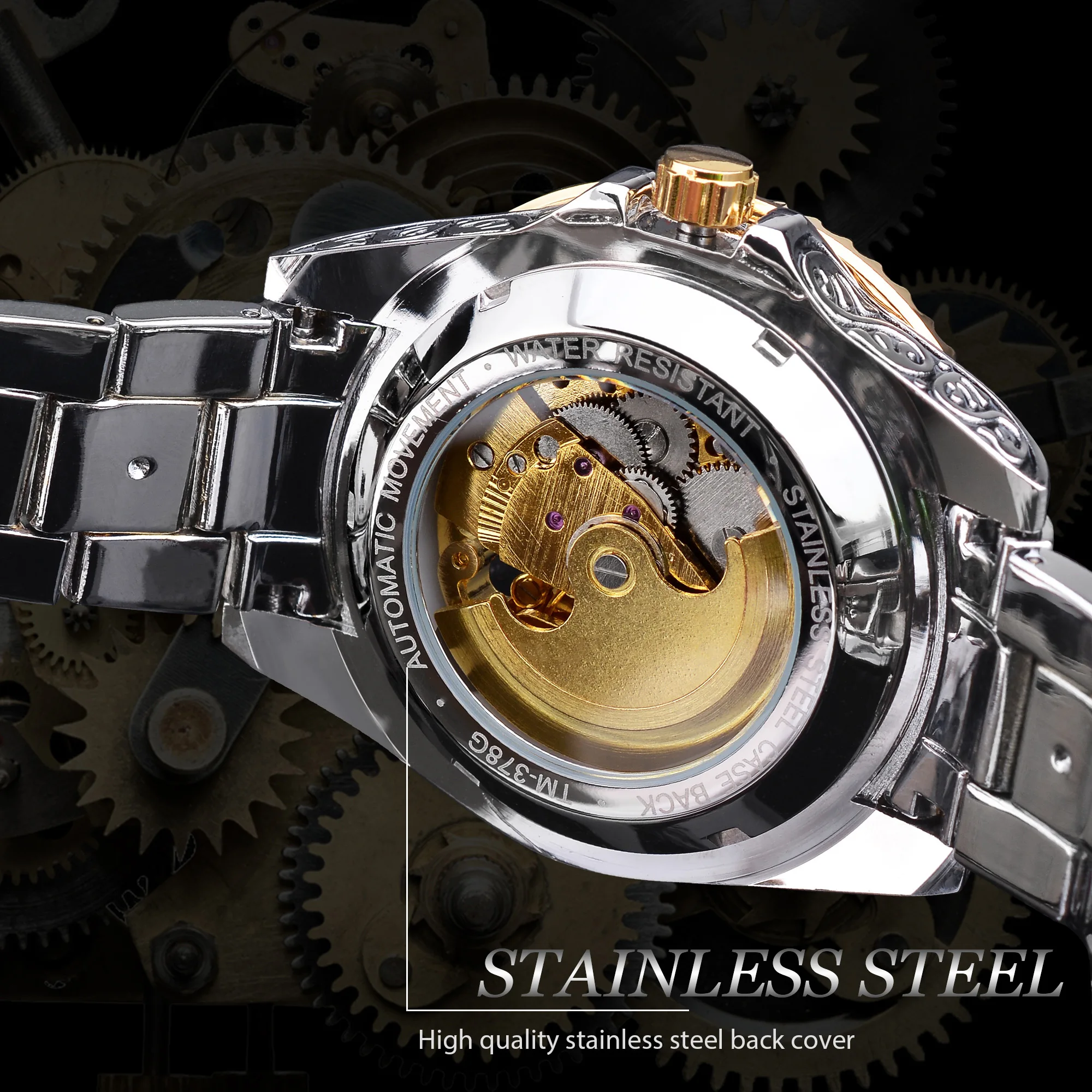 Forsining Diamond Mens Watches Skeleton Automatic Wristwatch Stainless Steel Mechanical Outdoor Watch Golden Mekaniska Klockor