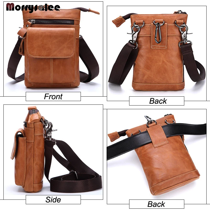 Men's Waist Bag Leather Belted Mobile Phone Bag Waist Packs Three-dimensional Bags Genuine Leather Cow Leather Pillow Fashion