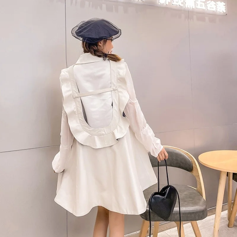 Sweet Designer Genuine Leather Dress Women Ruffle Sleeve Straps Dress Harajuku Loose Hollow Out Natural Sheepskin A Line Dresses