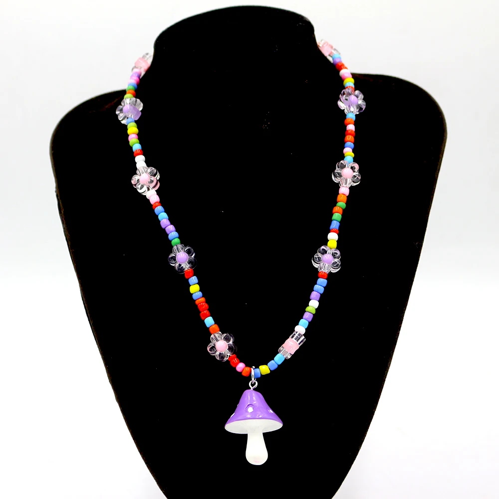Colorful Mushroom Rice Beads Women Necklace Girl Small Charm Arcylic Flower Pink Purple 8 Colors Customized Jewellery