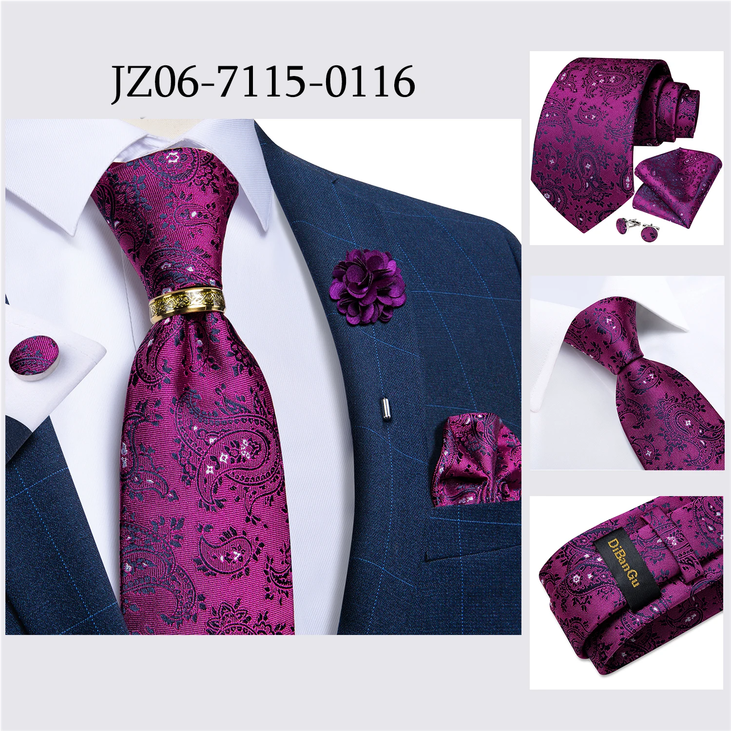 Handgefertigte Paisley-Blumen-Krawatte in Königsblau für Herren, klassische 8 cm breite gewebte Jacquard-Krawatte mit Einstecktuch, Manschettenknöpfen und Brosche – Detail 33