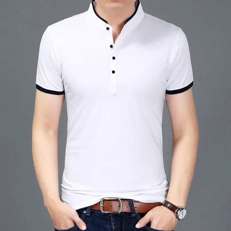 2023 Summer New Fashion Brand Clothing Tshirt Men Solid Color Slim Fit Short Sleeve T Shirt Men Mandarin Collar Casual T-Shirts