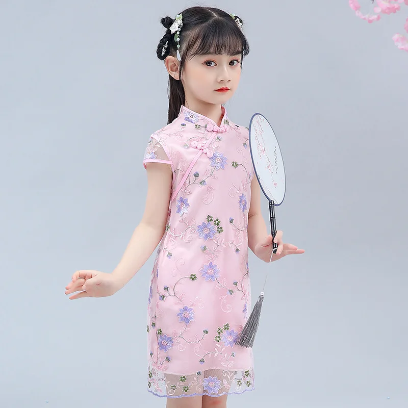 Baby Girl Qipao Silky Dress Children Chi-Pao Cheongsam Chinese New Year Costume Clothes Kids Dresses Wedding Uniform 4-14