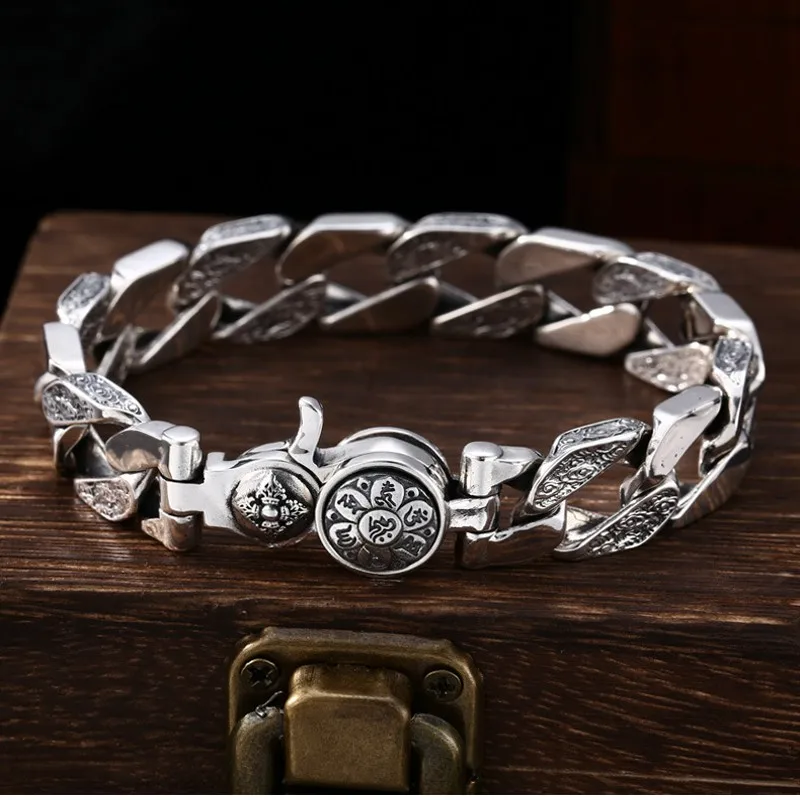 New Real S925 Silver Jewelry Personality Trend Rotatable Six-character Mantra Good Luck Man Bracelet Thick Style Vintage