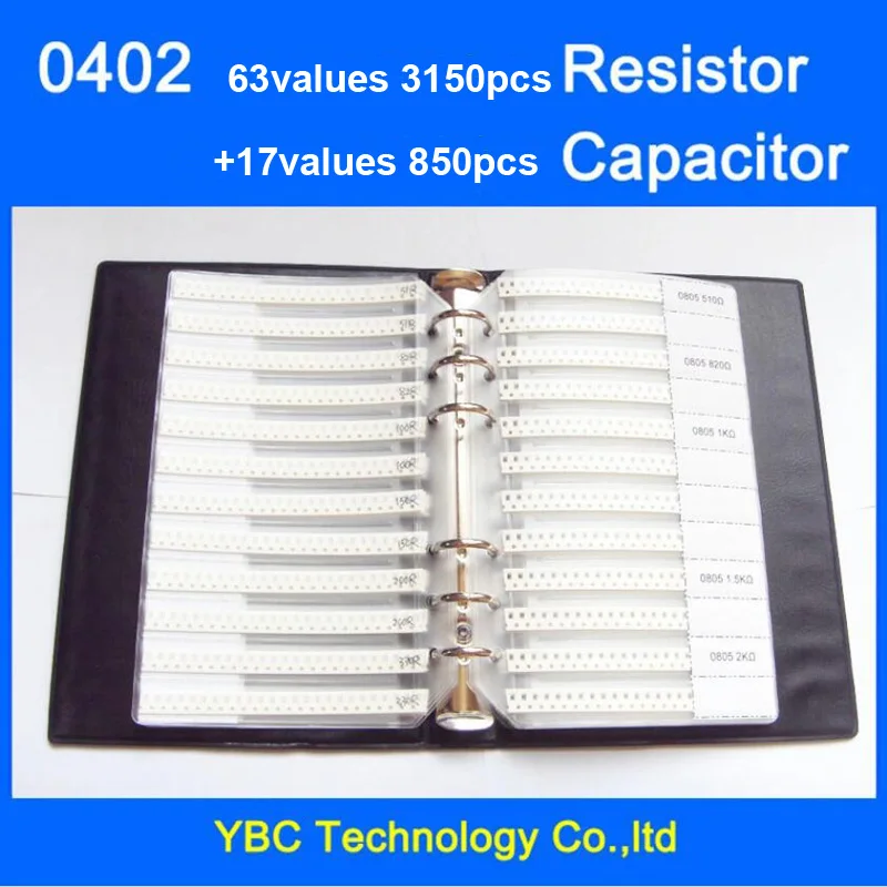0402 SMD Sample Book 63 wartości 3150 szt. Zestaw rezystorów 1% i 17 wartości 850 szt. Zestaw kondensatorów