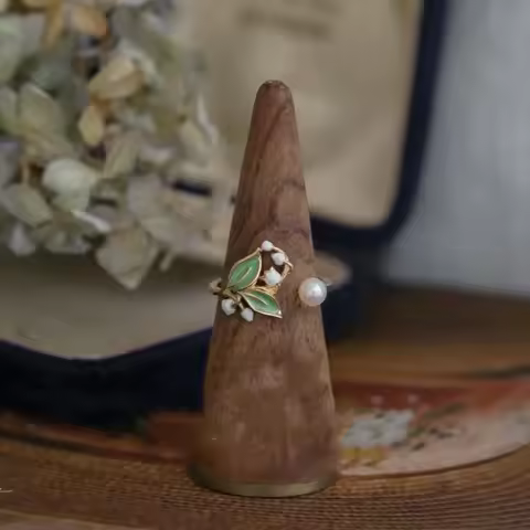 Lily of the valley element silver inlaid pearl enamel porcelain ladies ring opening fairy fresh literary light luxury jewelry