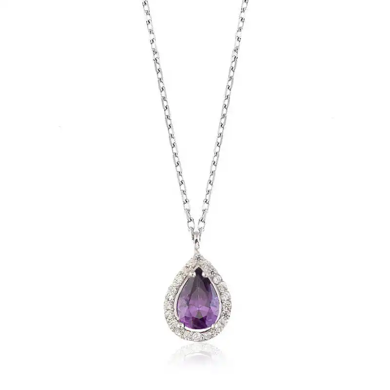 Silver Purple Stone Women's Necklace Zircon Stone 925 Sterling Women Fine Jewelry Wedding Party Birthday Gift - Jeweled - Box - Pendant - Chain Choker - Female - Ladies - Fashion