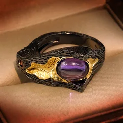 Vintage Chinese Style Lotus Leaf Series Natural Amethyst Lucky Closed Design Ring For Women Wedding Party Engagement Ring