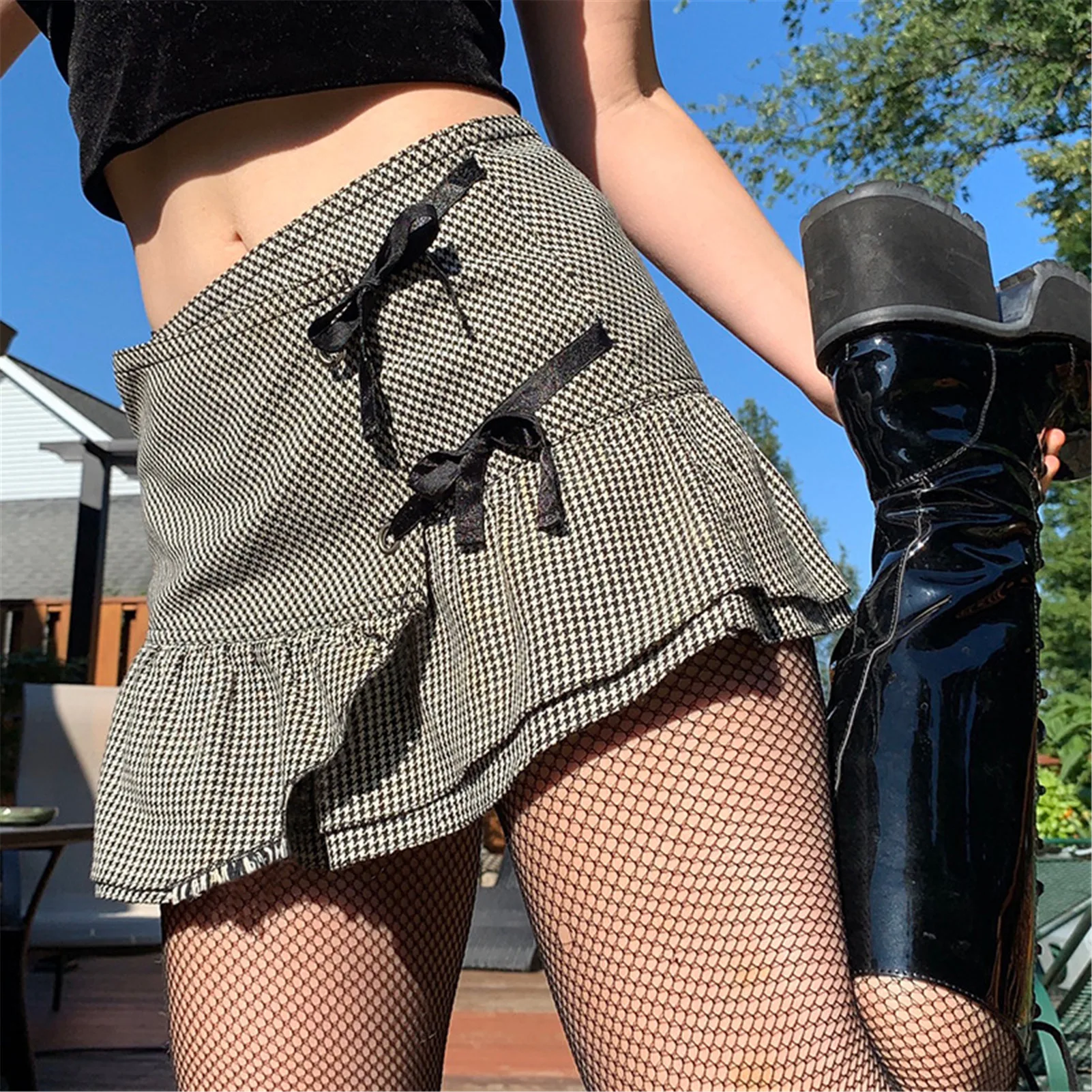 stitching lace-up Short skirt woman Sexy Slim A-line Half-length mini skirt houndstooth print bow all-match lady short skirt