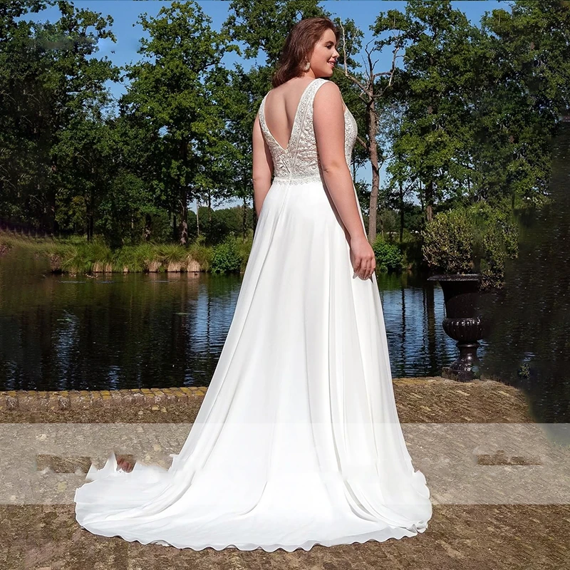 Vestido de noiva simples de renda, vestido de chiffon plus size, sem mangas, para noiva ou casamento, vestido de princesa