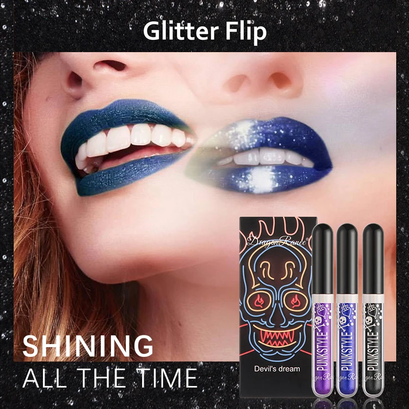 3pcs Glitter Glossy Lip Gloss Set Liquid Lipstick Matte Changed Metallic Shiny Sexy Black Purple Blue Lip Tint Makeup Cosmetic