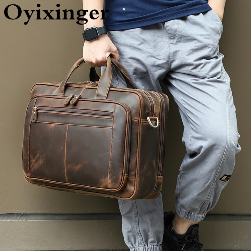 Large Capacity Genuine Leather Men Laptop Bag Vintage Male Handbags For HP DELL ACER 17.3\