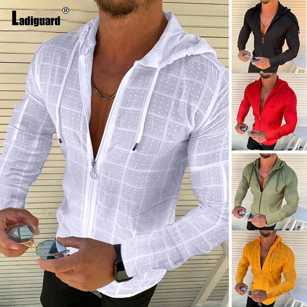 Ladiguard Grid Shirt Men Summer Autumn Casual Tops Solid White Dot Print Zipper Shirt Mens Jogging Hooded Shirt Clothing 2024