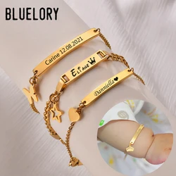 Bluelory-Bracelet Personnalisé avec Nom de Bébé, en Acier Inoxydable, Cœur, Étoile, Couronne, Papillon, Cadeau pour Enfant Garçon et Fille