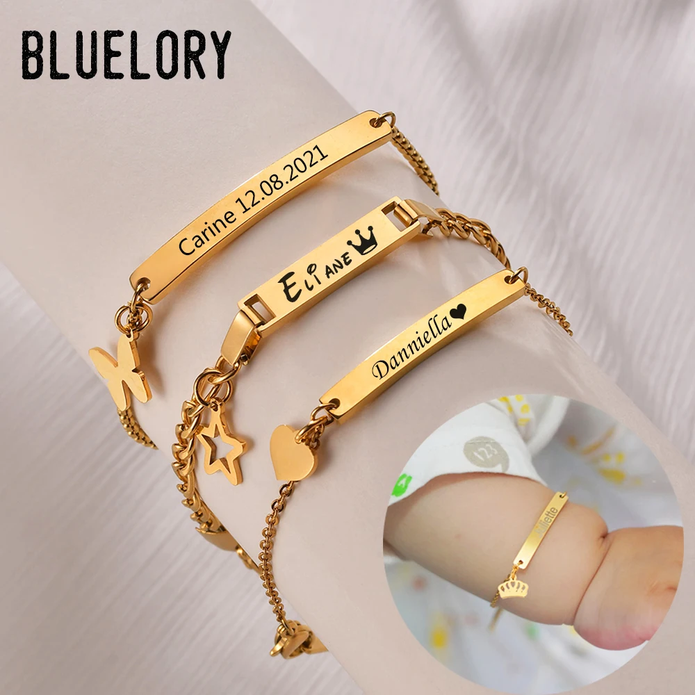 Bluelory Custom Engrave Newborn Baby Name Bar Bracelets Personalized Stainless Steel Heart Crown Star Boy Girls Child Bracelets