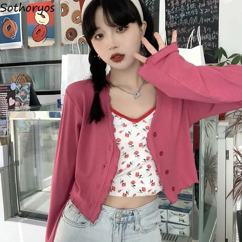 

Women Long Sleeve Cardigans V-neck Summer Thin Outwear Single Breasted Knitted Sweater All-match Students Sweet Rhodo Korean Ins