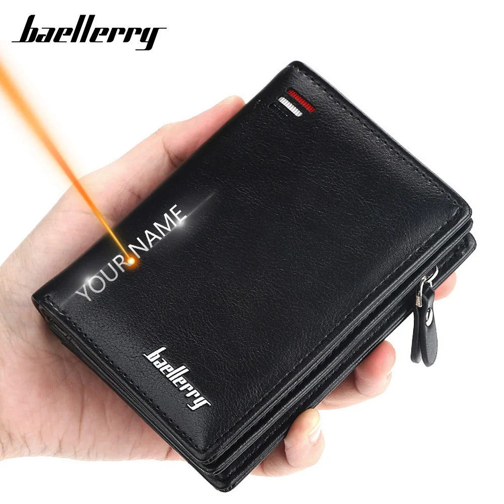 Cartera de cuero PU con grabado de nombre para hombre, Tarjetero con cremallera, monedero masculino de alta calidad, nuevo