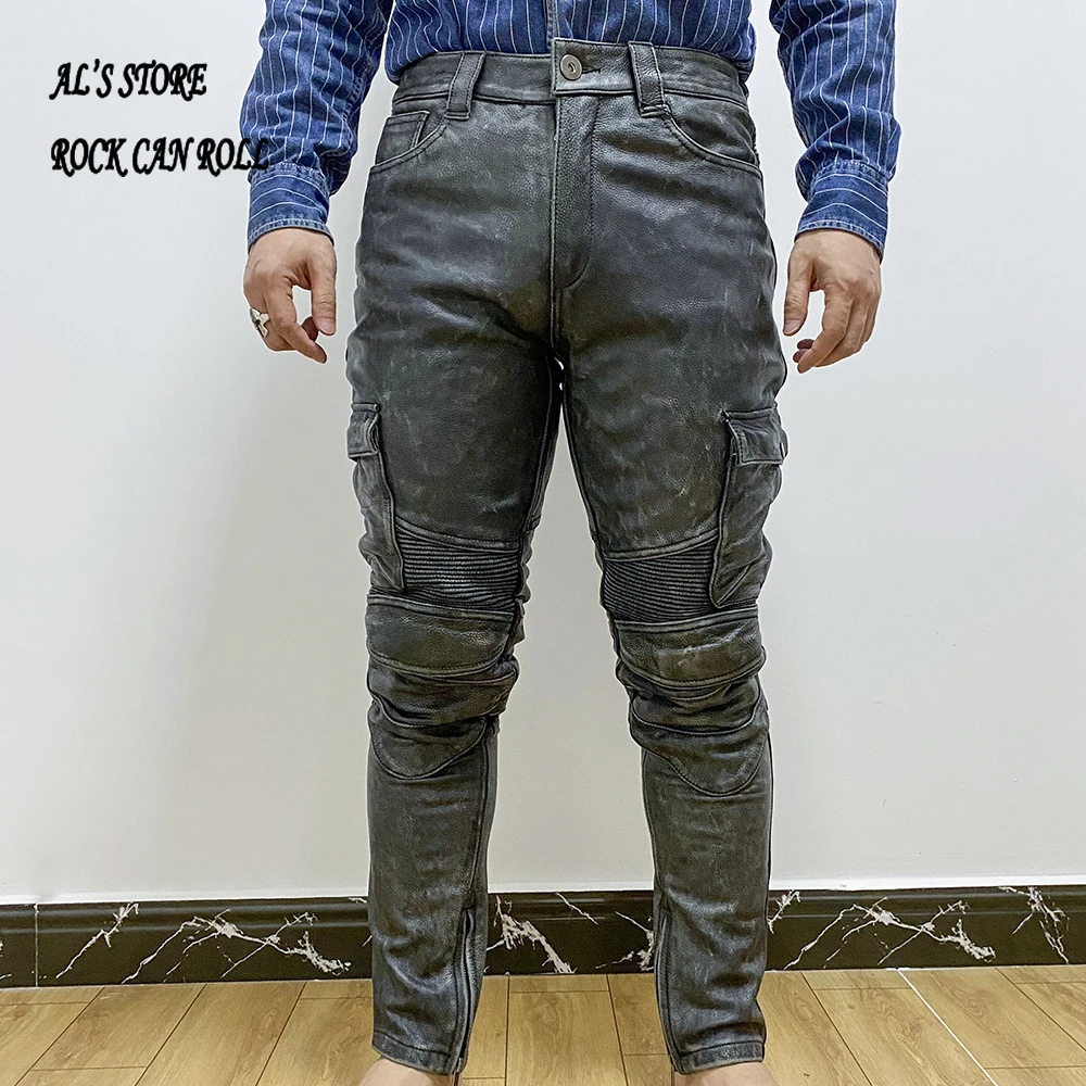 PK3 RockCanRoll Super Quality Genuine Cow Leather Motorcycle Rider Pants Vintage Stylish Cowhide Biker Trousers 4 Colours