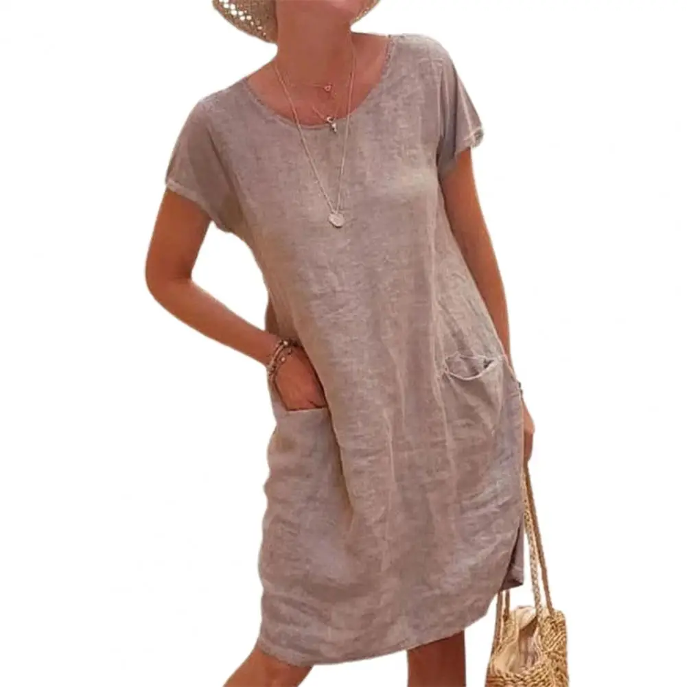 Loose Women Dress Vintage Solid Color Summer Dress Short Sleeve Round Neck Knee Length Dresses