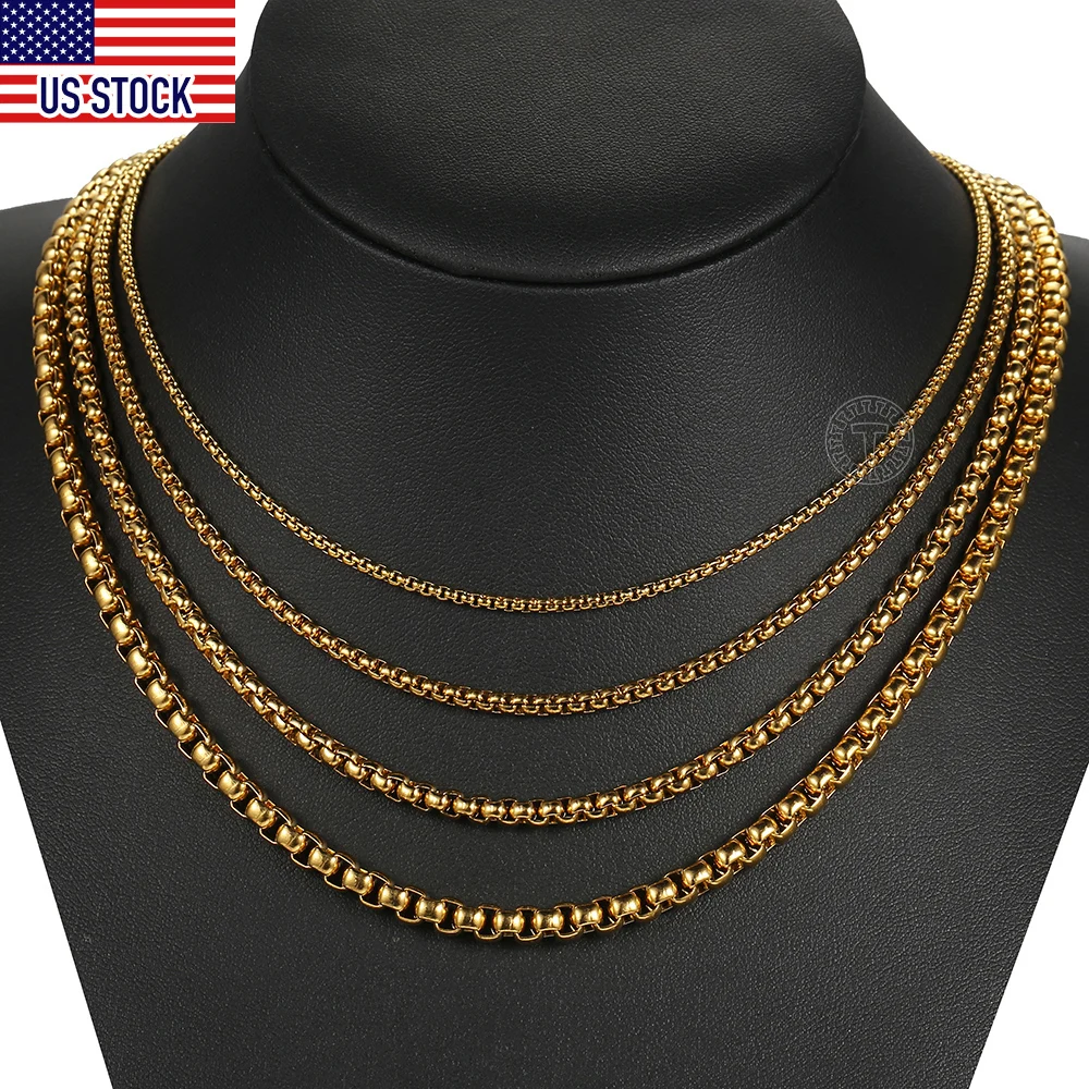 2-5mm Stainless Steel Round Box Chain Necklace for Men Women  Gold Silver Color Chain Link Fashion Jewelry US Stock DKNM144