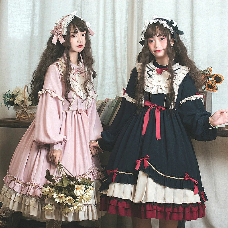 

Vintage Lolita Sweet Girl Op Solid Color Puffy Lace Long Sleeve Sweet Retro Bow Ribbon Cute Girl Gothic Female Loli Dress
