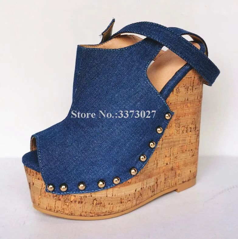 New Design Denim Platform Wedge Sandals Women Sexy Peep Toe Ankle Strap Rivets Gladiator Sandals Lady Real Photos Jeans Sandals