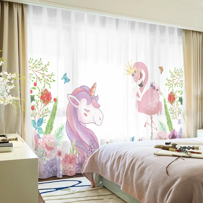 

Custom Chiffon Curtain Window Drape for Nursery Kids Children Living Room Pony Flamingo Floral Khaki Gray Brown Pink Blue