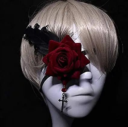 Gothic Lolita Rose Eye Patch Mask Single Feather Retro Black Fit Hallowmas Party Accessories (red)