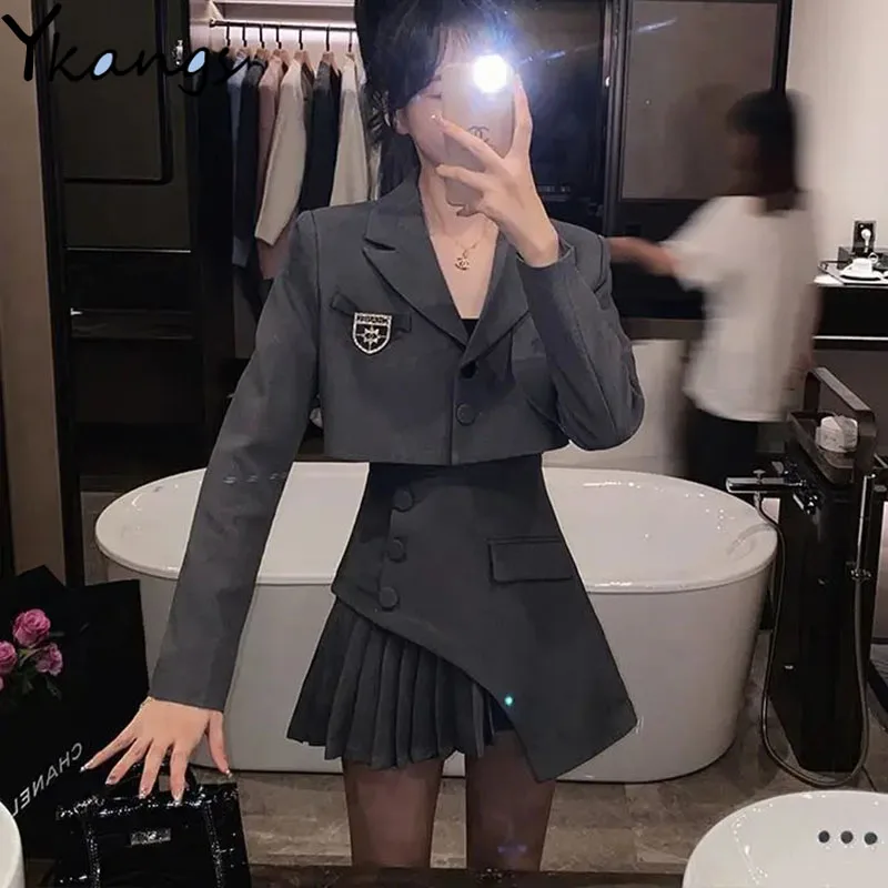 Suits with Skirts Irregular Patchwork Pleated Gothic Streetwear Short Blazer Elegant Sets Harajuku Y2k Set Woman 2 Pieces Skirts