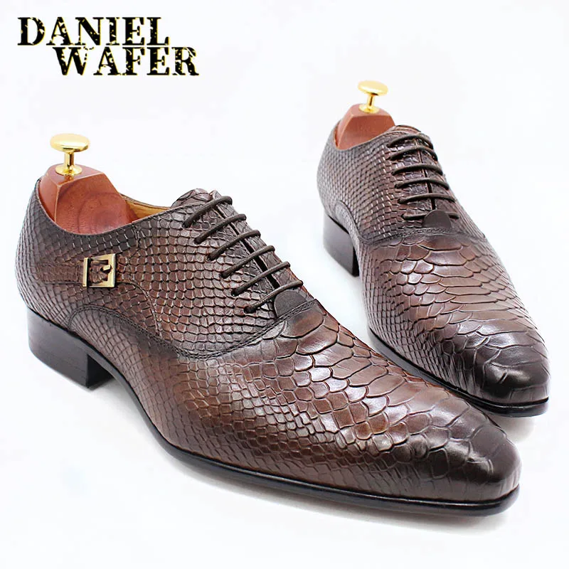 Modische Herren-Lederschuhe mit Schlangenhaut-Aufdruck, klassische Schnürung, Oxford, formell in Wein, Blau, Kaffee, Schwarz – spitze Zehenpartie – Detail 15